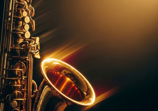 A close-up of a golden brass saxophone during a jazz performance, featuring heavy film grain, artistic motion blur, and warm faded hues, brass, faded, saxophone