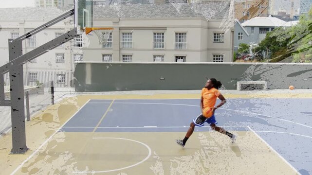 Man dribbling sprinting to rim, dunking to score while paint overlay covering player in basketball