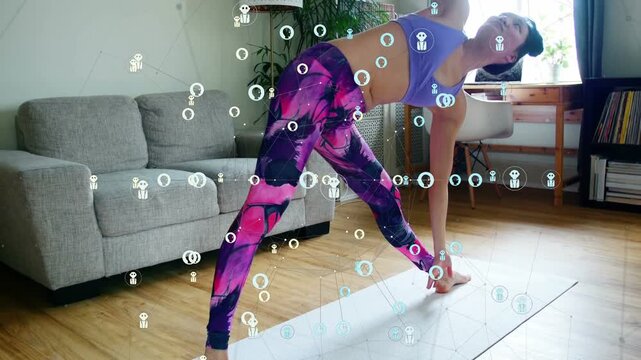 Woman doing yoga on white mat starting lunge, shifting into triangle for fitness with AR overlay