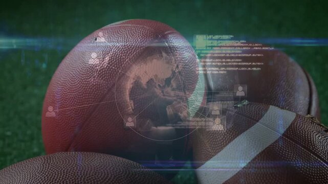 Flare streaks crossing frame and sparking HUD appearing over footballs, showing sports data network