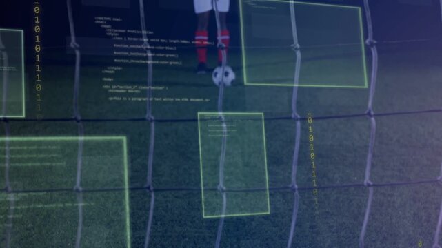 Red attacker adjusting ball, starting shot to score, goalkeeper diving, sports overlay highlighting