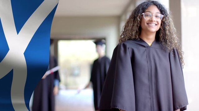 Camera panning grad with glasses posing for graduation, blue overlay shifting beside caps