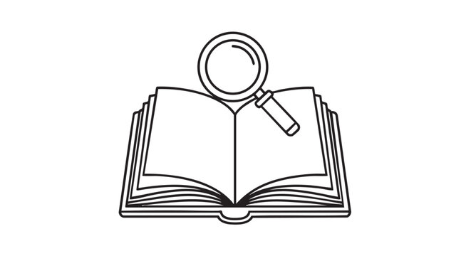 Open book with magnifier line icon isolated on white background