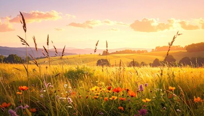 Fototapeta premium Golden Hour Meadow with Wildflowers in Bloom Under a Warm, Sunlit Sky