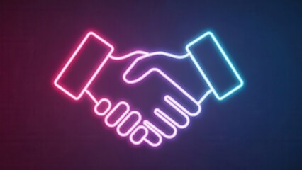 Obraz premium Illuminated neon handshake symbolizing global partnership and digital agreement