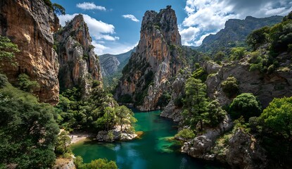 Obraz premium Stunning River Gorge Carved by Majestic Cliffs Verdant Trees and Emerald Waters Peaceful Oasis Serene Nature Scene Wilderness Escape Perfect Getaway for Landscape Lovers and Photographers