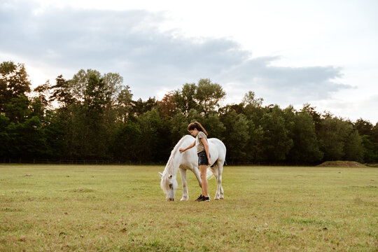 Girl and her white horse on a field