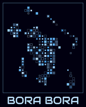 Bora Bora digital style map. Large square dots on dark background. Dotted shape of the island. Vector map and title. Elegant vector illustration.