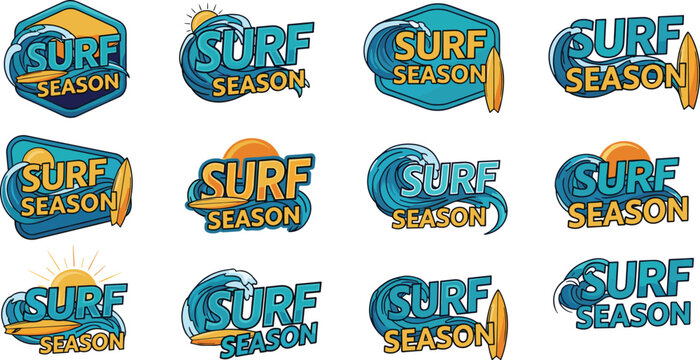 A collection of vibrant hexagonal and shield shaped logos promoting surf season with wave and surfboard imagery high quality professional detailed modern elegant