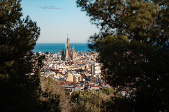 View of Barcelona With Sagrada Familia and the Sea. Travel Spain