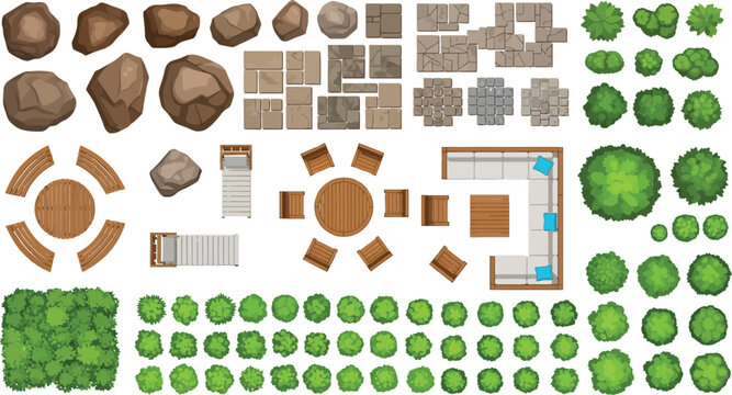 Comprehensive collection of top view landscape design vector elements featuring outdoor furniture green bushes natural rocks and stone paving tiles