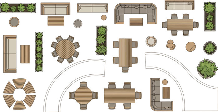 Top view vector illustration of outdoor patio furniture set including sofas tables chairs and garden planters for landscape design planning