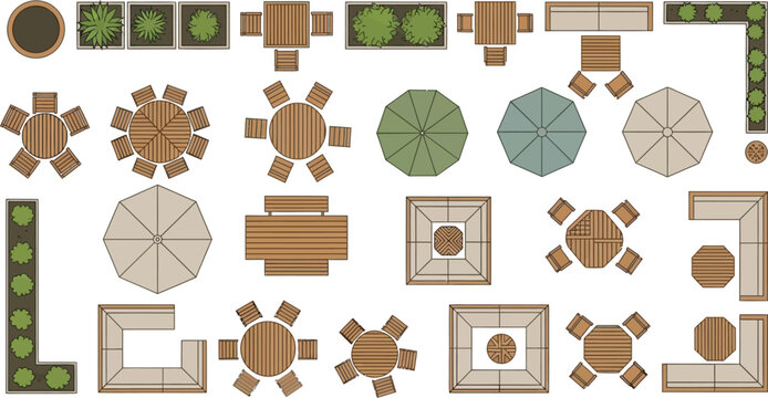 Top view vector illustration of outdoor patio furniture sets including wooden tables chairs umbrellas and garden landscape design elements