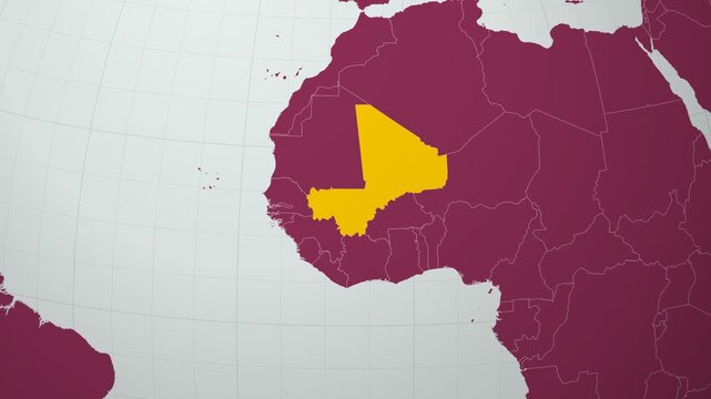 Mali map. Animated zoom into the country on the Globe in Pale Mint Dark Pink color palette. Country logo animation with round text and airplanes. Map with meridians, parallels. Amazing video.