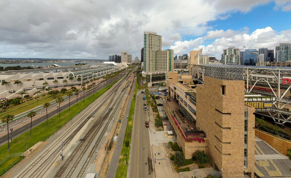 Aerial View of Harbor Drive, San Diego Convention Center, and Petco Park.