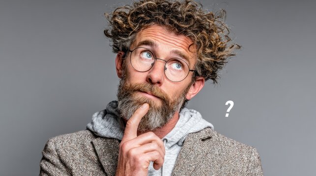 Thoughtful man with curly hair and beard wearing glasses pondering a question with a question mark