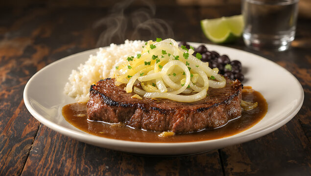 Realistic Food Photography of Cuban Bistec de Palomilla with Sauteed Onions and Parsley