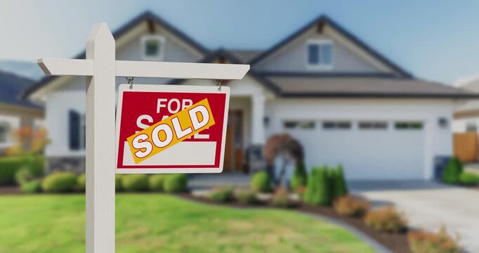 4k Resolution Video: Homeownership Success Concept. Sold Real Estate Sign Animated In Front Of Modern Suburban House With Blurred Background And Green Lawn