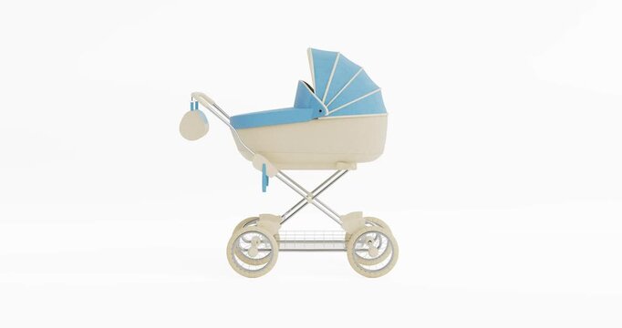 4k Resolution Video: Infant Transport And Parenting Concept. Vintage Baby Stroller With Blue Canopy And Wicker Body Animated Moving on White Background With Alpha Matte