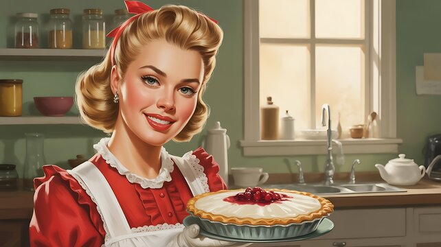 Vintage illustration of a cheerful homemaker presenting a freshly baked pie