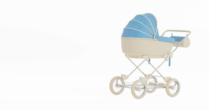 4k Resolution Video: Infant Care And Parenting Concept. Vintage Baby Stroller With Blue Canopy And Wicker Body Animated on White Background