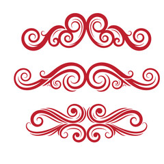 Fototapeta premium Red swirling flourishes on white background, decorative borders