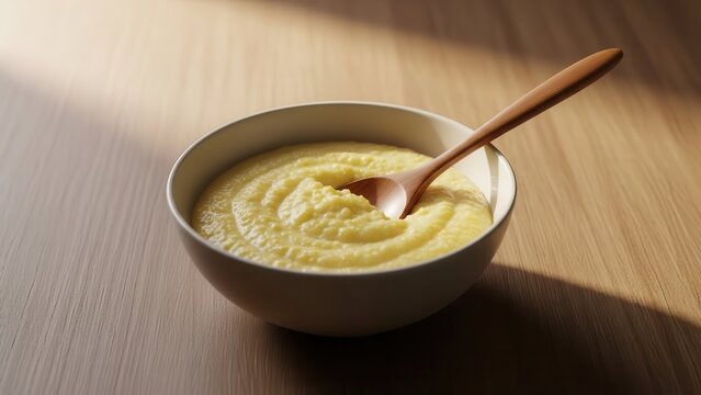 Warm creamy golden porridge in a simple white bowl with a wooden spoon on a sunlit wooden surface