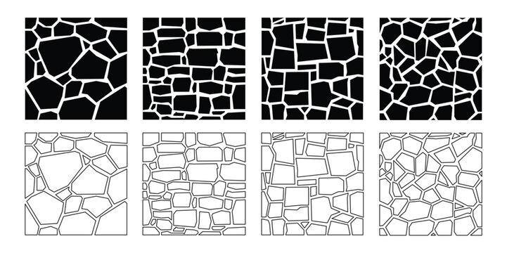 Set of stone wall architecture line art and silhouette.