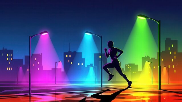 Vibrant night run through a neon city street under glowing multi-colored lampposts with a lone