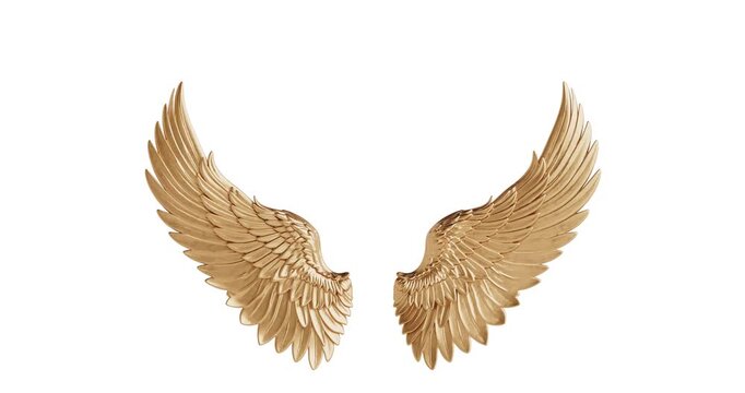4k Resolution Video: Freedom And Success Concept With Golden Angel Wings Symbol. Detailed Metallic Wings Spread Symmetrically Seamless Looped Animated On White Background With Alpha Matte