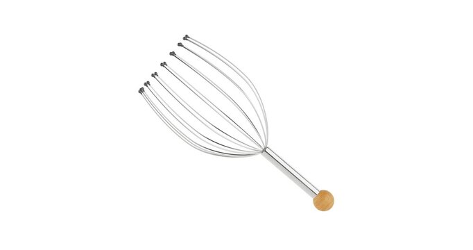 4k Resolution Video: Relaxation And Stress Relief Concept. Metal Head Massager Tool With Wooden Handle Seamless Looped Rotating On White Background With Alpha Matte