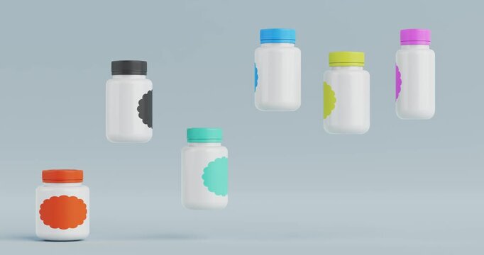 4k Resolution Video: Healthcare And Pharmaceutical Packaging Concept. Multiple Jumping Medicine Bottles With Colored Caps And Blank Labels Animated on Blue Background With Alpha Matte