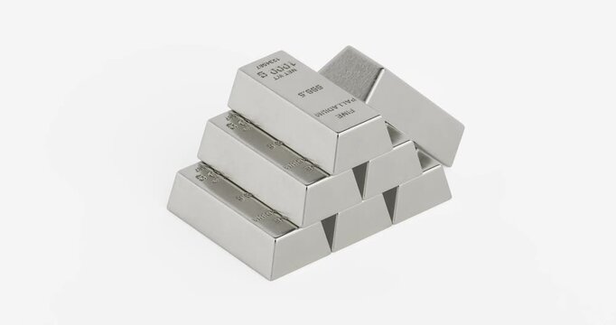 4k Resolution Video: Precious Metal Investment Concept. Stack Of Shiny Palladium Bank Bars Seamless Looped Rotating On White Background With Alpha Matte