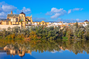 Fototapeta premium Mosque Cathedral of Cordoba rises above dense trees on the banks of the Guadalquivir River. Ancient stone walls and towers reflect clearly in still water under sky