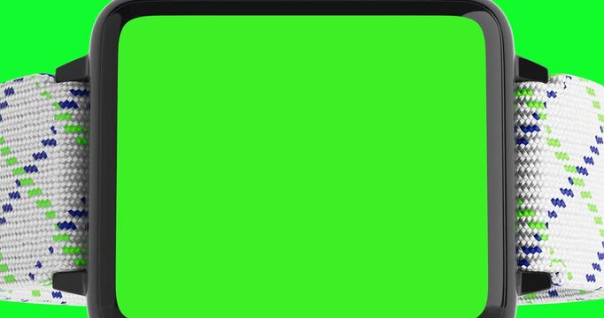 4k Resolution Video: Smart Technology And Wearable Innovation Concept. App Or Interface Mockup Modern Smartwatch With Textile Strap Show Green Chroma Key Screen On Green Screen 