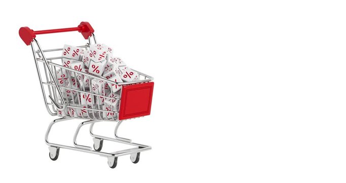 4k Resolution Video: Shopping And Discount Concept. Shopping Cart Symbolizing Sale And Promotion Filled With Falling White Percent Cubes On White Background With Alpha Matte