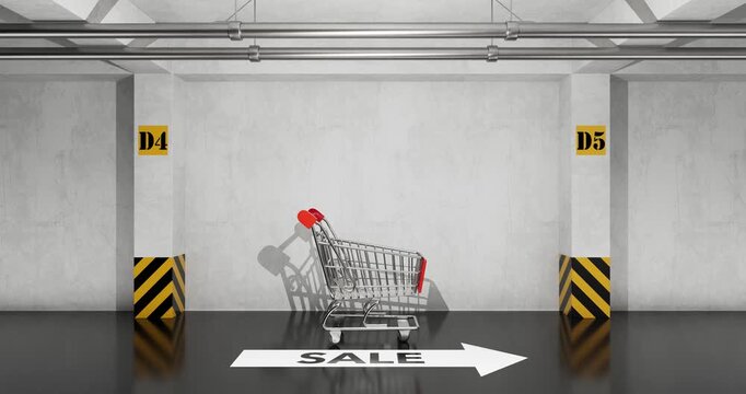 4k Resolution Video: Retail Discount And Shopping Concept With Empty Cart In Parking Garage. Supermarket Trolley Animated Moving Above Sale Arrow In Concrete Underground Interior