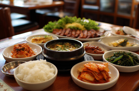 Authentic Korean table spread with soybean paste stew, rice and banchan
