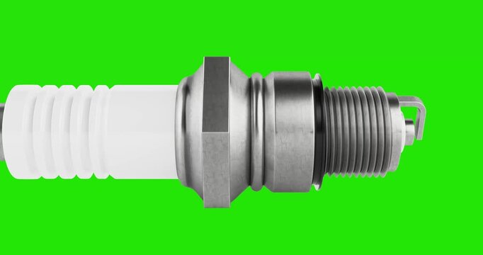 4k Resolution Video: Automotive Engineering And Maintenance Concept. Detailed Spark Plug For Internal Combustion Engine In Horizontal Closeup Animated On Green Screen 