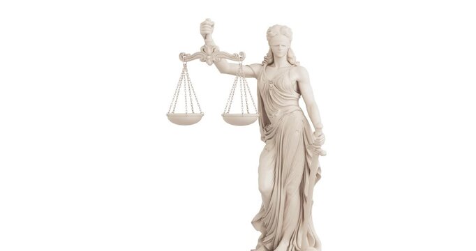 4k Resolution Video: Justice And Legal Authority Concept. Femida Statue With Blindfold, Scales And Sword In Classical Style Animated On White Background With Alpha Matte