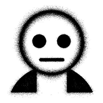 Digital user profile, avatar symbol, pixel dotted face with blank stare, minimalist identity graphic, spray art style representation.