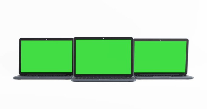 4k Resolution Video: Technology Mockup Concept For Multi Device Workspace. Three Modern Laptops With Green Screen Displays Animated On White Background With Alpha Matte