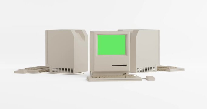4k Resolution Video: Retro Technology Concept Of Vintage Computer Setup. Old Desktop Computers With Keyboard, Mouse And Green Screen Seamless Looped Rotating On White Background With Alpha Matte