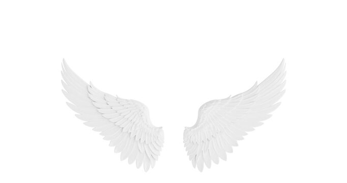 4k Resolution Video: Pure Spiritual Concept With White Angel Wings Symbolizing Peace And Purity. Soft Detailed Feather Wings Symmetrically Seamless Looped Animated On White Background With Alpha Matte