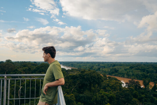Man enjoying nature in the Amazon Rainforest