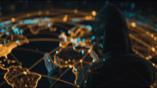 Hacker are planning to hack and attack networks and cyber security systems and stands on the peak of success amid tall, innovative Smart city and graphs with statistics to analyze business potential