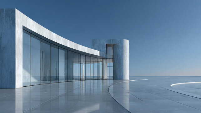 Abstract architecture, architectural background, Curved glass building for car presentation backdrop with empty concrete floor, 3d rendering