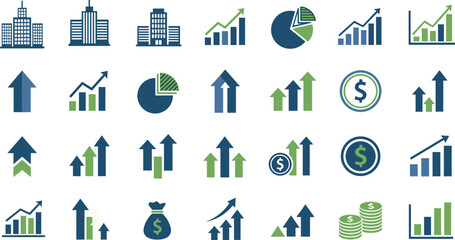 Fototapeta premium Business and finance vector icons showing company buildings, charts, graphs, coins, money bags, dollar signs, and economic growth