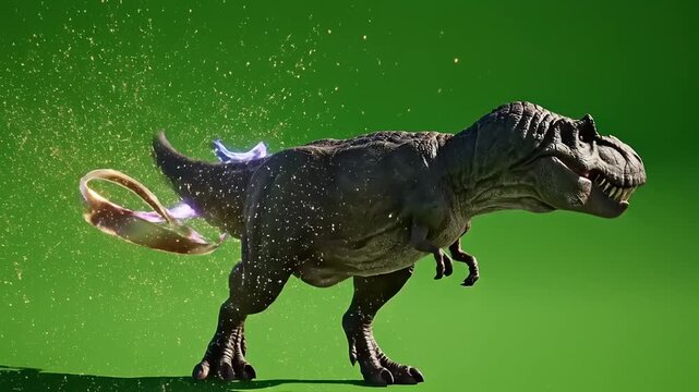 Powerful T-Rex Dinosaur Unleashing Energy Blast and Magic Aura on Green Screen