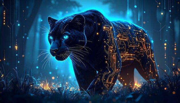 Cybernetic Panther Glowing with Futuristic Circuitry Amidst a Mystical Forest Landscape